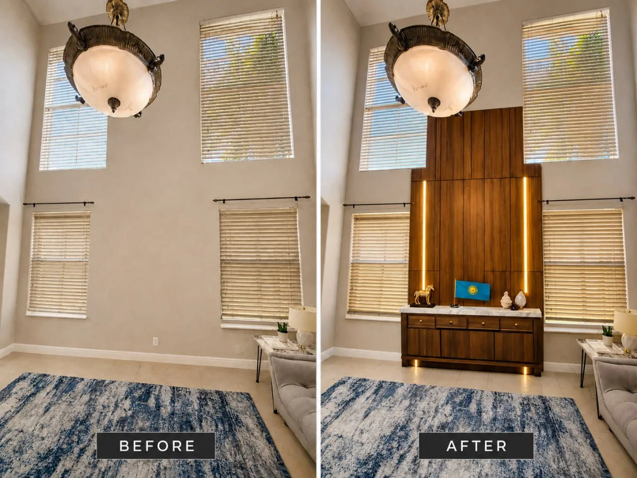 Interior accent wall before and after